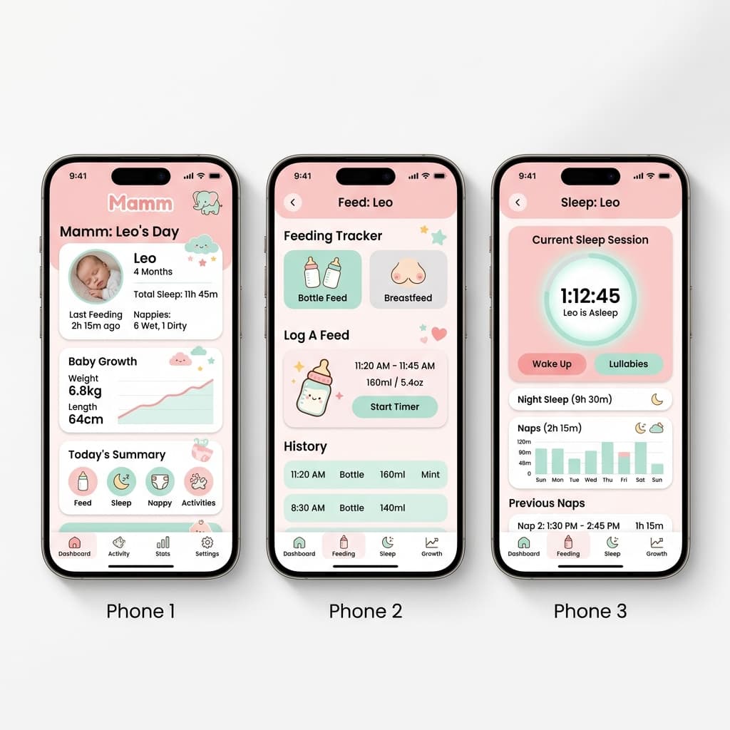 Màn hình ứng dụng Mamm hiển thị bảng điều khiển theo dõi em bé, theo dõi cữ bú và giấc ngủ