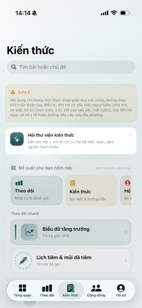 Màn hình Kiến thức — thư viện bài và hỏi AI trên Mầmm